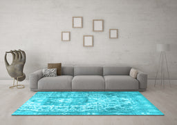 Machine Washable Medallion Light Blue Traditional Rug in a Living Room, wshtr3837lblu