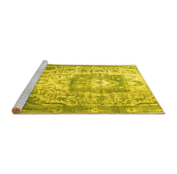 Sideview of Machine Washable Medallion Yellow Traditional Rug, wshtr3837yw
