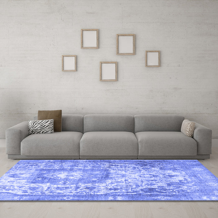 Machine Washable Medallion Blue Traditional Rug in a Living Room, wshtr3837blu