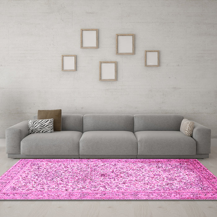 Machine Washable Persian Pink Traditional Rug in a Living Room, wshtr383pnk