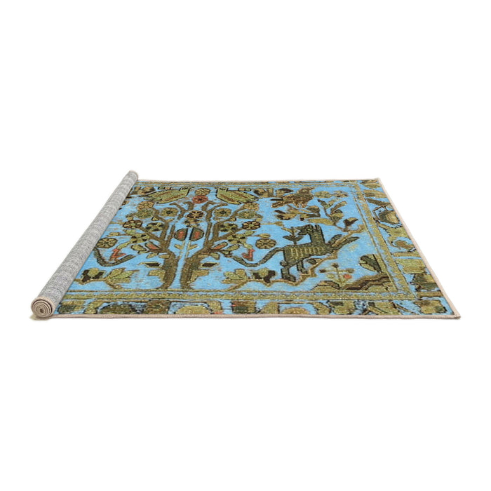 Sideview of Machine Washable Traditional Blue Green Rug, wshtr3845