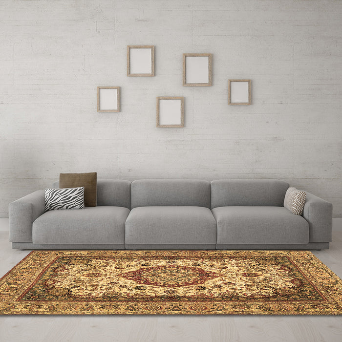 Machine Washable Medallion Brown Traditional Rug in a Living Room,, wshtr384brn