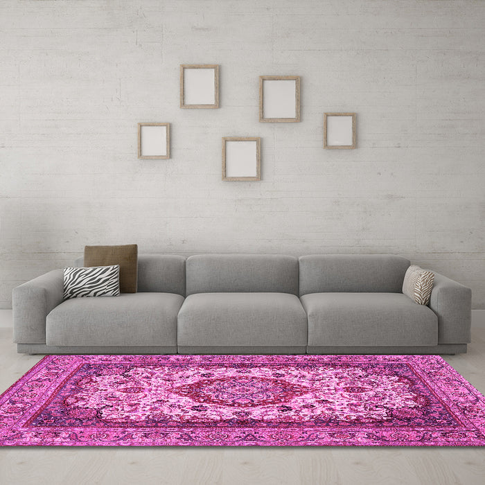 Machine Washable Medallion Pink Traditional Rug in a Living Room, wshtr384pnk