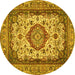 Round Machine Washable Medallion Yellow Traditional Rug, wshtr384yw