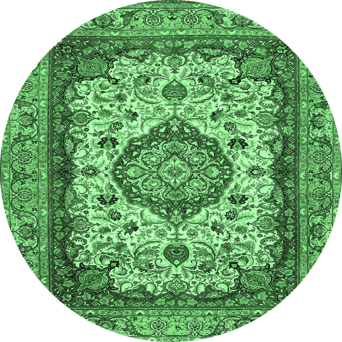 Round Machine Washable Medallion Emerald Green Traditional Area Rugs, wshtr384emgrn