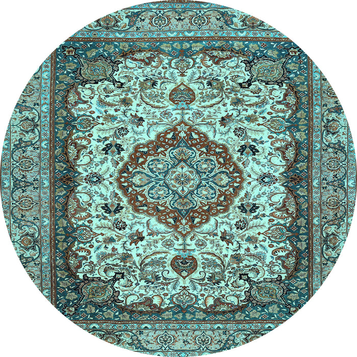 Round Machine Washable Medallion Light Blue Traditional Rug, wshtr384lblu