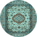 Round Machine Washable Medallion Light Blue Traditional Rug, wshtr384lblu