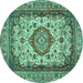 Round Machine Washable Medallion Turquoise Traditional Area Rugs, wshtr384turq