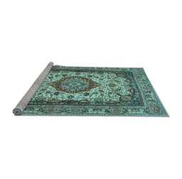 Sideview of Machine Washable Medallion Light Blue Traditional Rug, wshtr384lblu