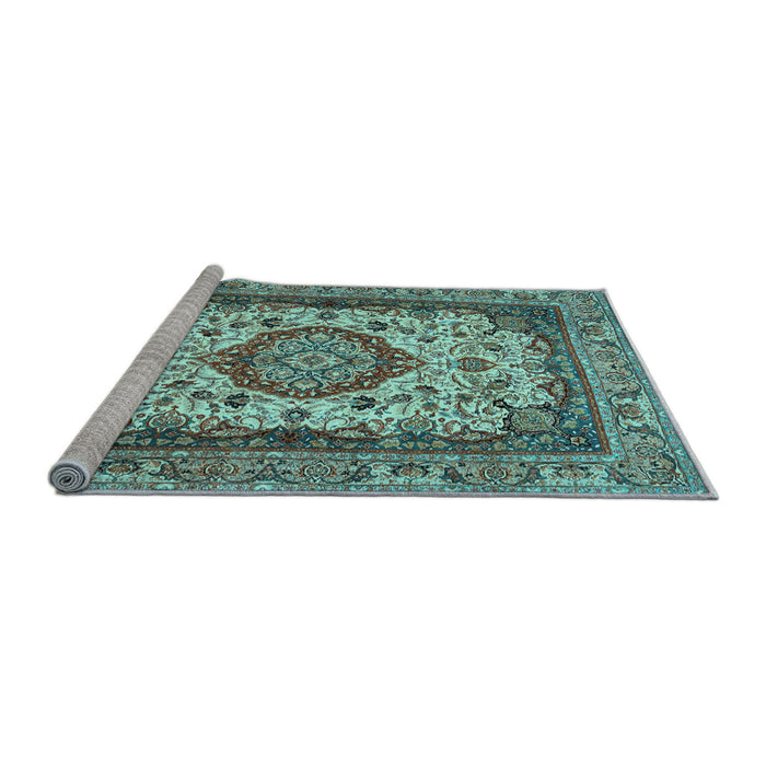 Sideview of Machine Washable Medallion Light Blue Traditional Rug, wshtr384lblu