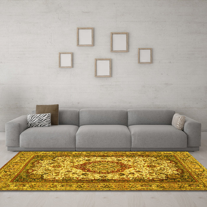 Machine Washable Medallion Yellow Traditional Rug in a Living Room, wshtr384yw