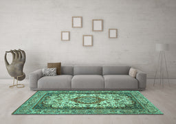 Machine Washable Medallion Turquoise Traditional Area Rugs in a Living Room,, wshtr384turq