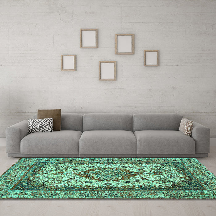 Machine Washable Medallion Turquoise Traditional Area Rugs in a Living Room,, wshtr384turq