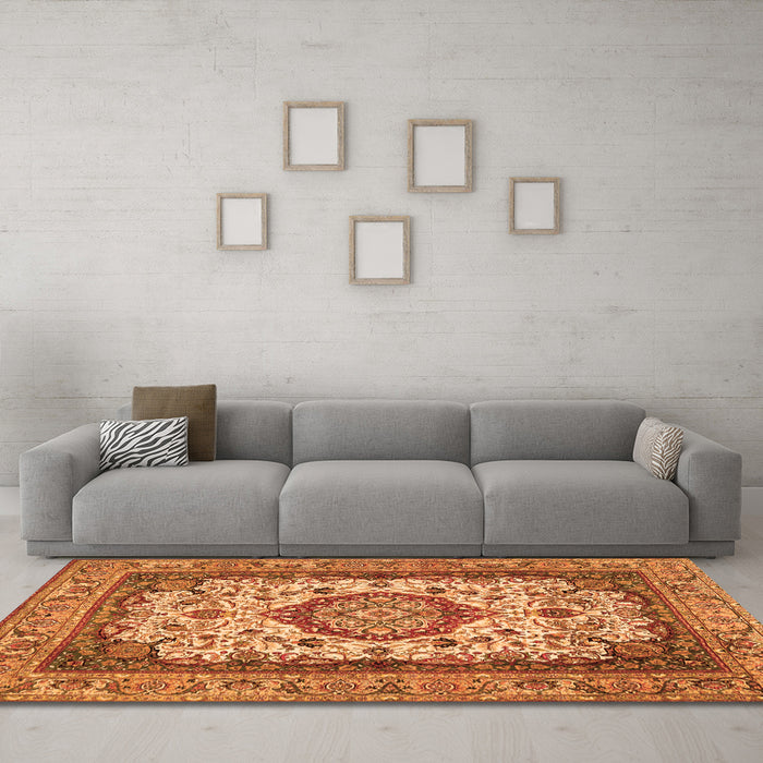 Machine Washable Medallion Orange Traditional Area Rugs in a Living Room, wshtr384org