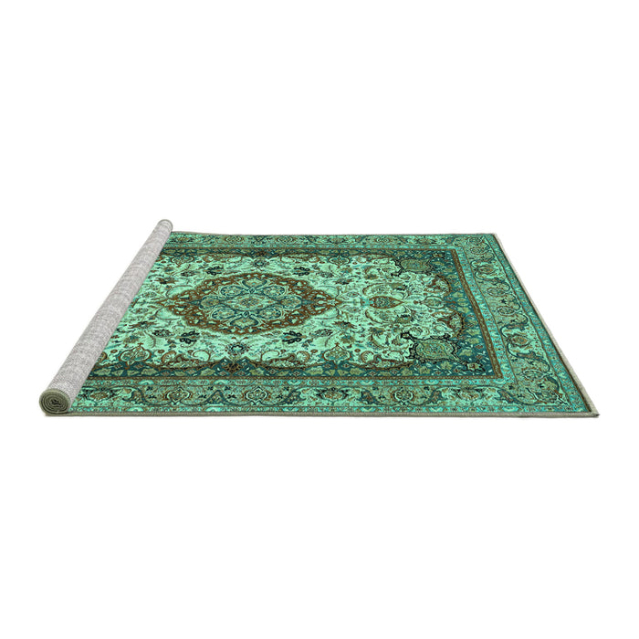 Sideview of Machine Washable Medallion Turquoise Traditional Area Rugs, wshtr384turq