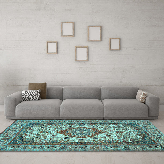 Machine Washable Medallion Light Blue Traditional Rug in a Living Room, wshtr384lblu