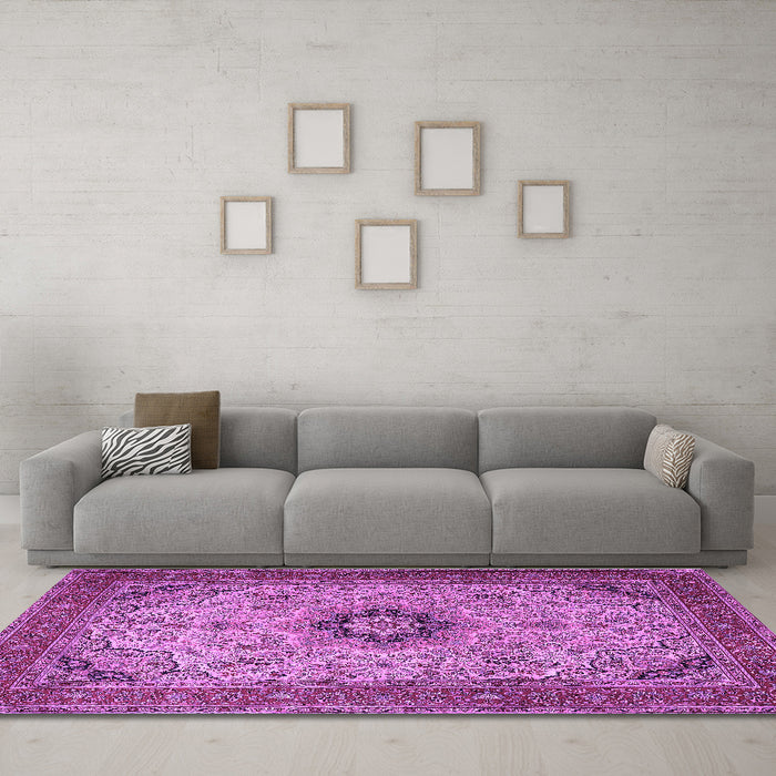 Machine Washable Medallion Purple Traditional Area Rugs in a Living Room, wshtr385pur
