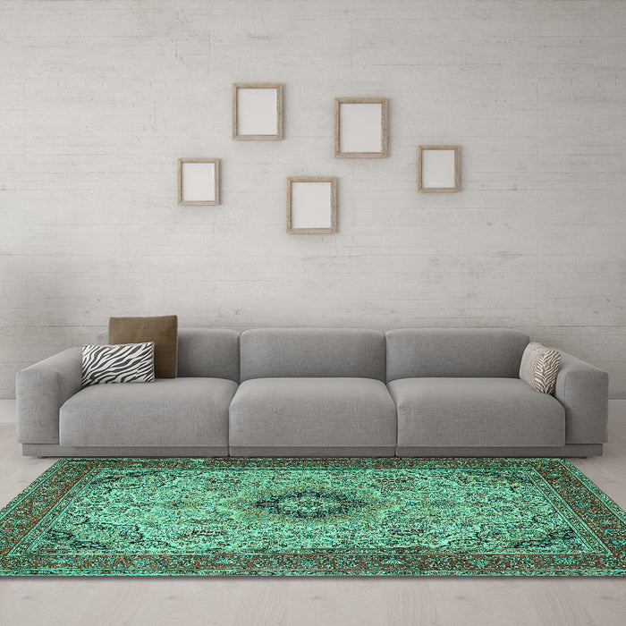 Machine Washable Medallion Turquoise Traditional Area Rugs in a Living Room,, wshtr385turq