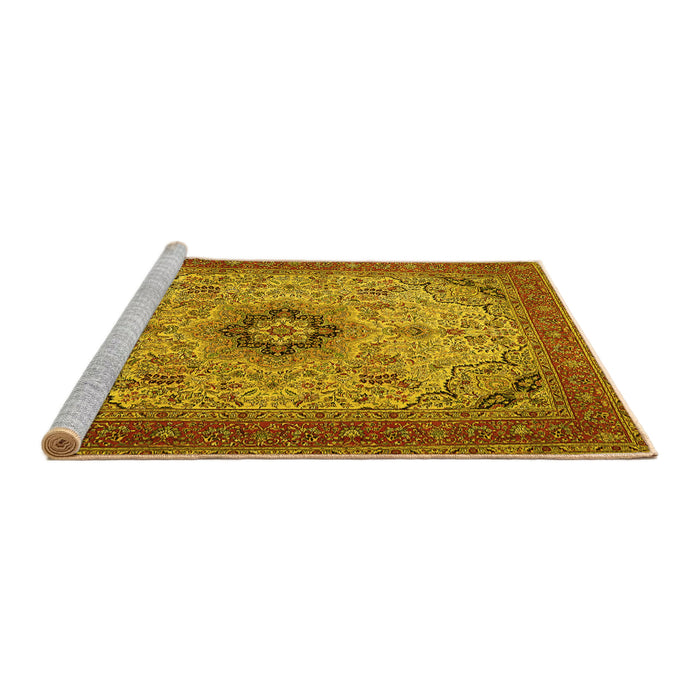 Sideview of Machine Washable Medallion Yellow Traditional Rug, wshtr385yw