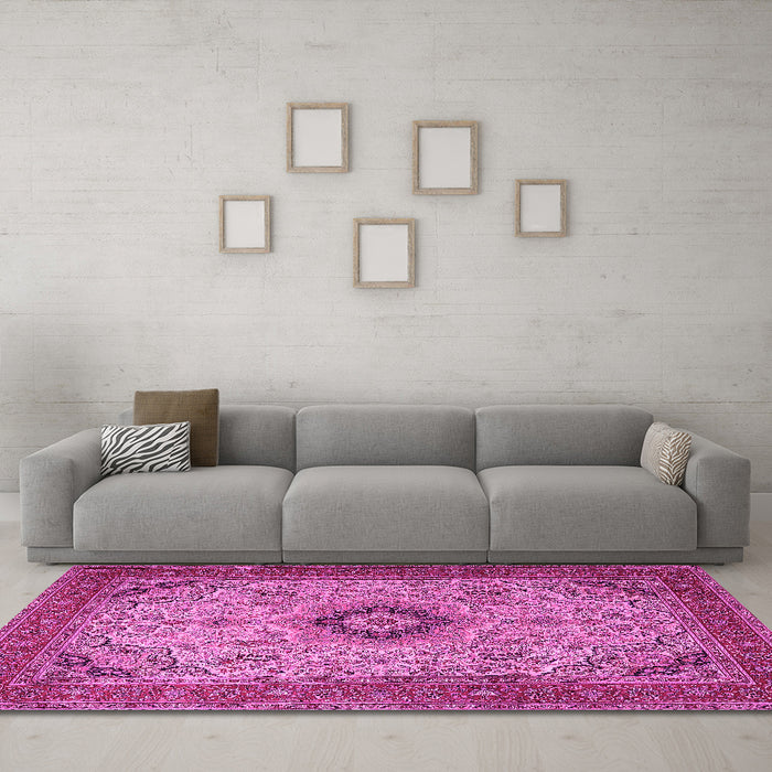 Machine Washable Medallion Pink Traditional Rug in a Living Room, wshtr385pnk