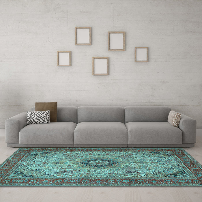 Machine Washable Medallion Light Blue Traditional Rug in a Living Room, wshtr385lblu