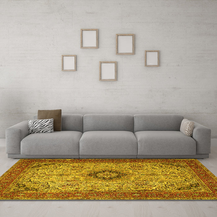 Machine Washable Medallion Yellow Traditional Rug in a Living Room, wshtr385yw