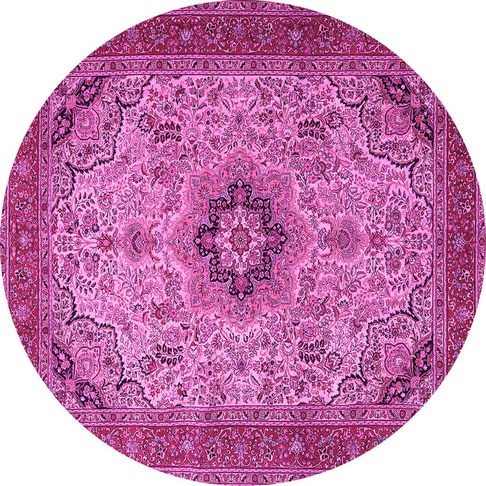 Round Machine Washable Medallion Pink Traditional Rug, wshtr385pnk