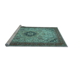 Sideview of Machine Washable Medallion Light Blue Traditional Rug, wshtr385lblu