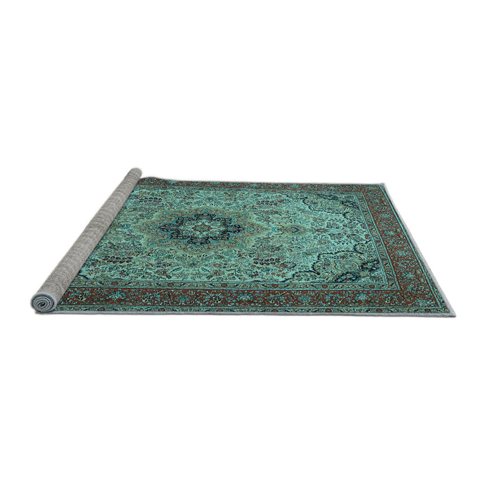 Sideview of Machine Washable Medallion Light Blue Traditional Rug, wshtr385lblu