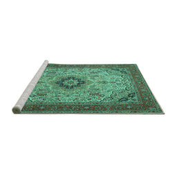 Sideview of Machine Washable Medallion Turquoise Traditional Area Rugs, wshtr385turq