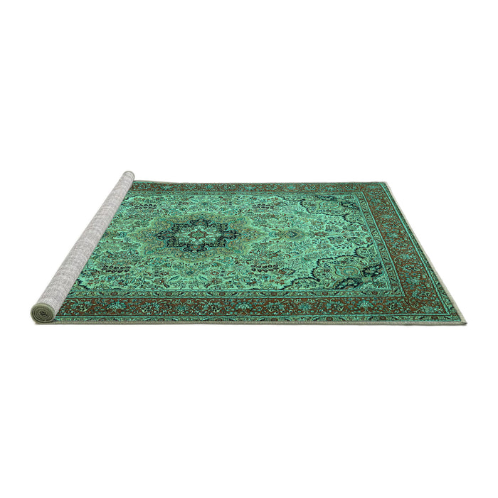 Sideview of Machine Washable Medallion Turquoise Traditional Area Rugs, wshtr385turq