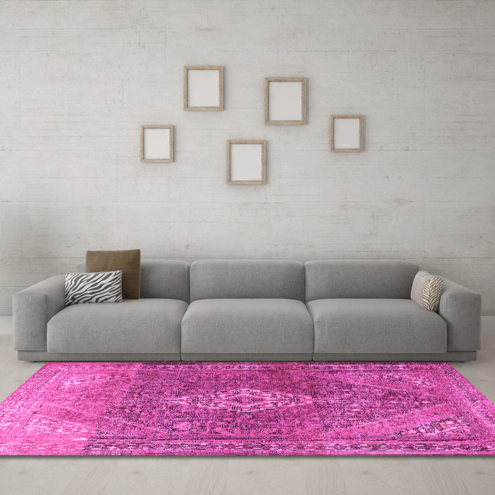 Machine Washable Medallion Pink Traditional Rug in a Living Room, wshtr3861pnk