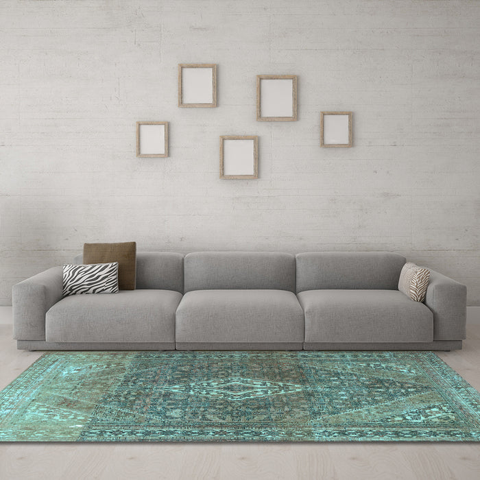 Machine Washable Medallion Light Blue Traditional Rug in a Living Room, wshtr3861lblu