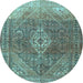 Round Machine Washable Medallion Light Blue Traditional Rug, wshtr3861lblu