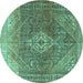 Round Machine Washable Medallion Turquoise Traditional Area Rugs, wshtr3861turq