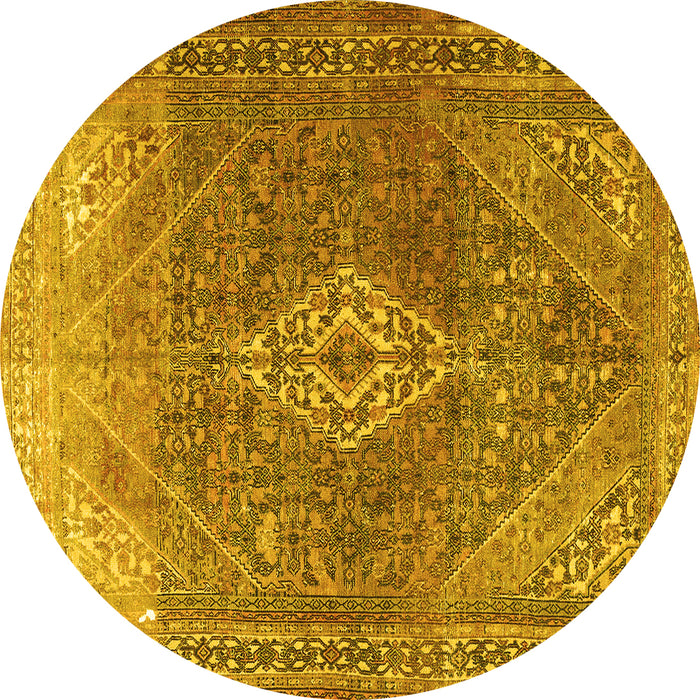 Round Machine Washable Medallion Yellow Traditional Rug, wshtr3861yw