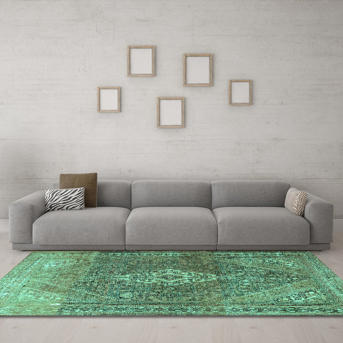 Machine Washable Medallion Turquoise Traditional Area Rugs in a Living Room,, wshtr3861turq