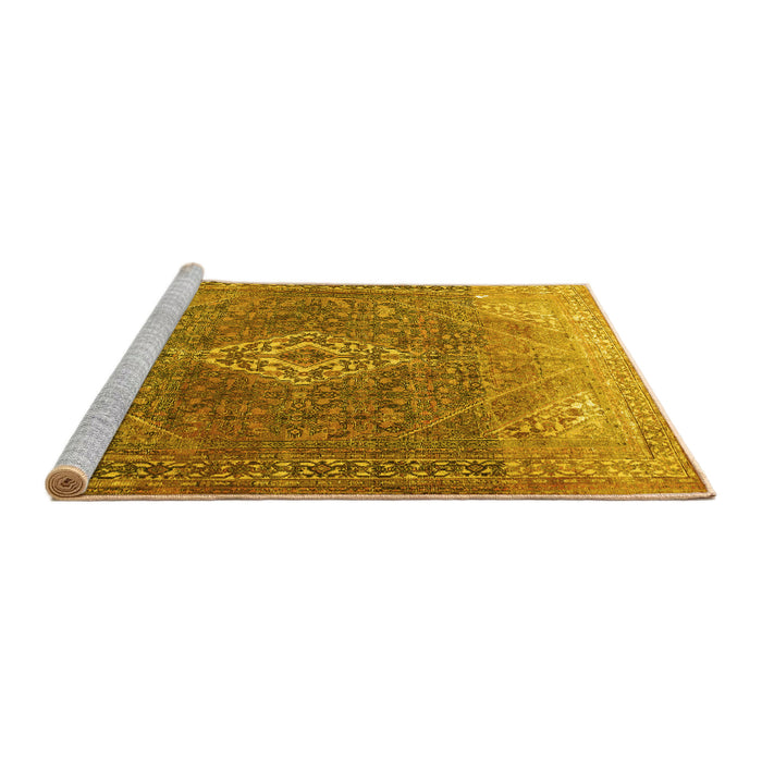 Sideview of Machine Washable Medallion Yellow Traditional Rug, wshtr3861yw