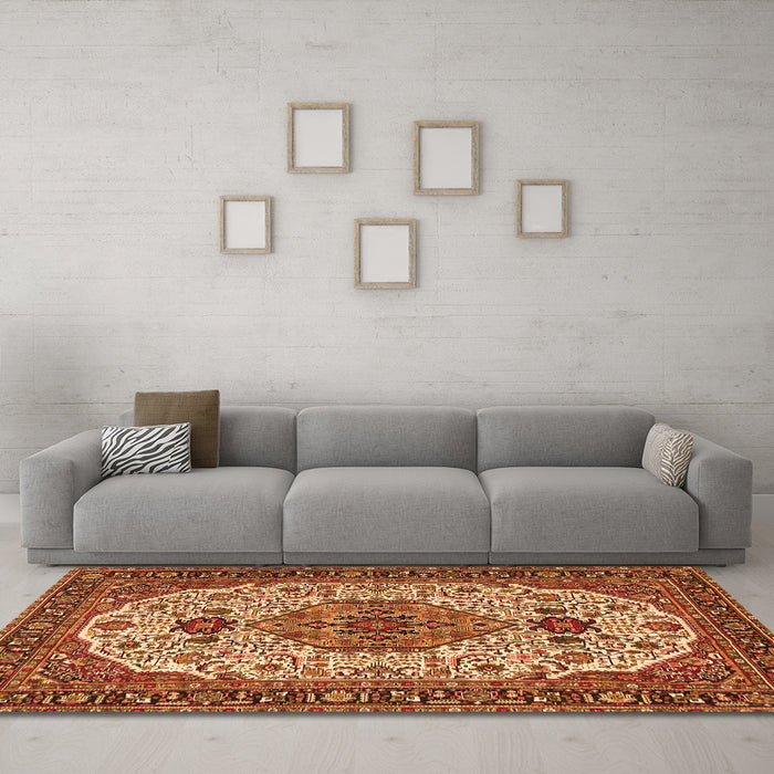 Machine Washable Medallion Orange Traditional Area Rugs in a Living Room, wshtr386org