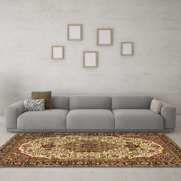 Machine Washable Medallion Brown Traditional Rug in a Living Room,, wshtr386brn