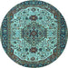 Round Machine Washable Medallion Light Blue Traditional Rug, wshtr386lblu