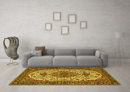 Machine Washable Medallion Yellow Traditional Rug in a Living Room, wshtr386yw