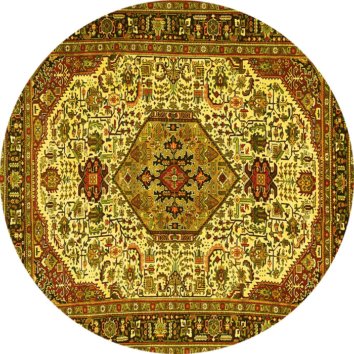 Round Machine Washable Medallion Yellow Traditional Rug, wshtr386yw