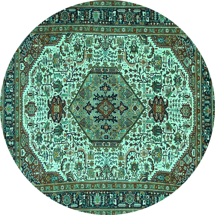Round Machine Washable Medallion Turquoise Traditional Area Rugs, wshtr386turq