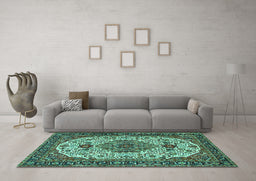 Machine Washable Medallion Turquoise Traditional Area Rugs in a Living Room,, wshtr386turq