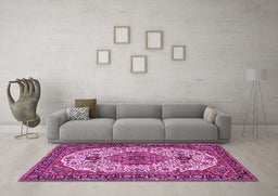 Machine Washable Medallion Pink Traditional Rug in a Living Room, wshtr386pnk