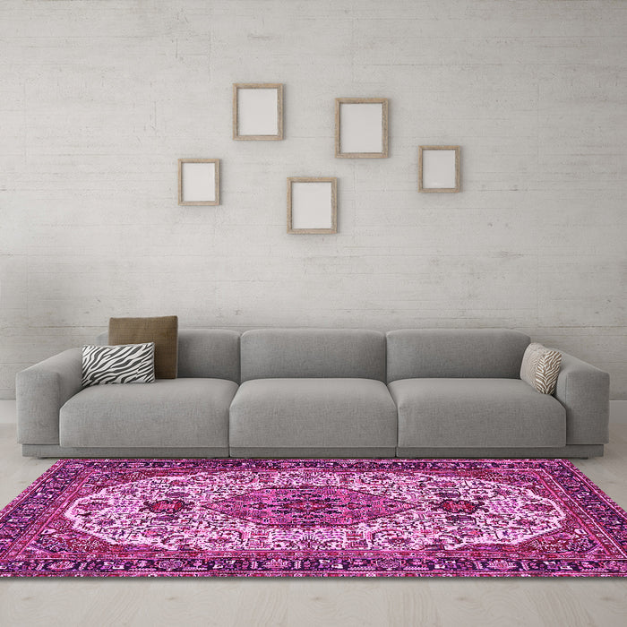 Machine Washable Medallion Pink Traditional Rug in a Living Room, wshtr386pnk