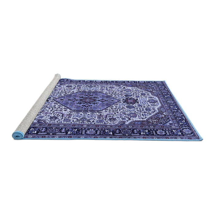 Sideview of Machine Washable Medallion Blue Traditional Rug, wshtr386blu