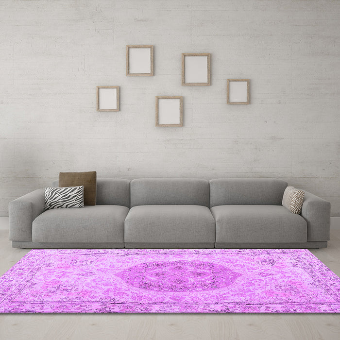 Machine Washable Persian Purple Traditional Area Rugs in a Living Room, wshtr3873pur