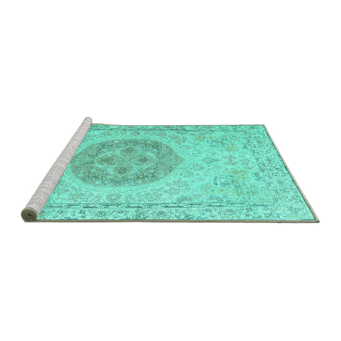 Sideview of Machine Washable Persian Turquoise Traditional Area Rugs, wshtr3873turq